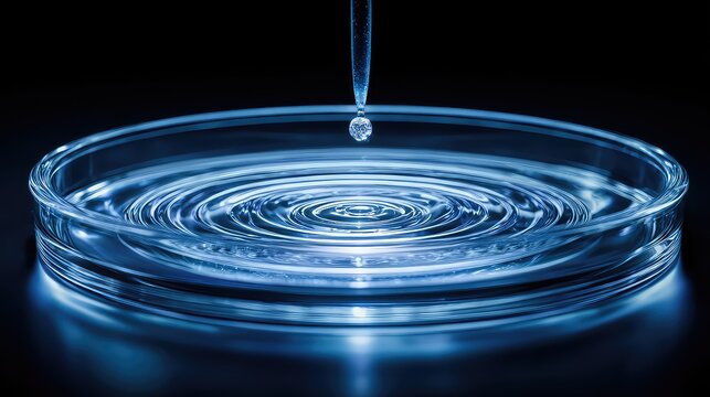 Close-Up of Water Droplet Creating Ripples in a Petri Dish Under Soft Blue Light