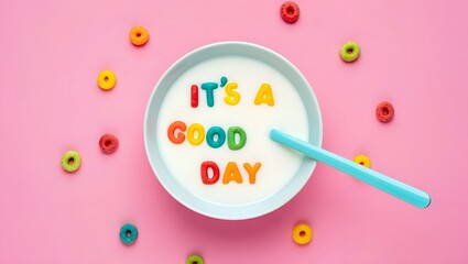 Colorful Cereal Spelling "It's a Good Day" in Milk Bowl
