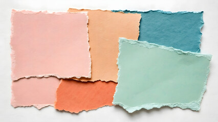 Stacked Torn Pastel Colored Paper Pieces on White Background ripped pink
