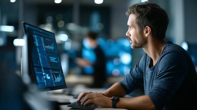 A cybersecurity engineer mitigates attempted DDoS attacks using AI driven defense tools dashboards visualizing network traffic and resilience metrics secure infrastructure