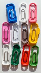 Overhead shot of colorful paper clip holders and accompanying metal clips