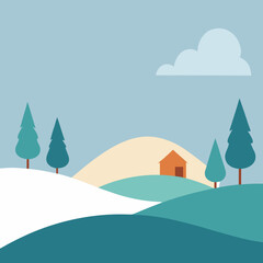 Flat vector winter countryside scene with cozy cabin and snowy hills illustration