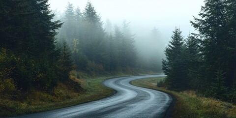 Obraz premium A winding, wet road through a dense forest, with misty trees and a foggy sky, creating a mysterious and serene atmosphere.