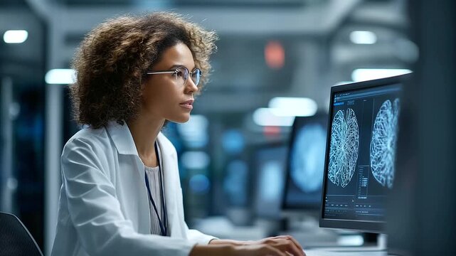 A data center developer monitors AI LLM visualizations on a PC screens showing neural network processes server racks in the background AI LLM development data center tech mach