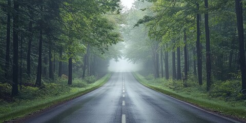 Fototapeta premium A foggy, empty road with trees on both sides, leading into the distance.