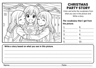 Christmas Party at School writing prompt worksheet for kids! Fun and engaging ELA worksheets with creative writing topics and vocabulary practice. Perfect for classroom writing activities grades 1–3.
