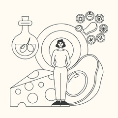 Healthy eating concept with woman, avocado, cheese, olive oil, and various food icons