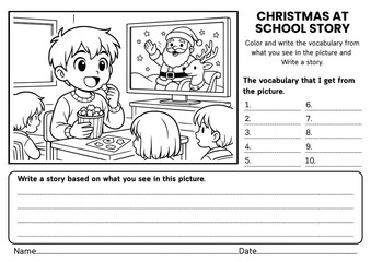 Christmas at School story writing prompt worksheet for kids! Fun and creative ELA worksheets with holiday themes, story starters, and vocabulary practice. Perfect for classroom writing in grades 1–3.