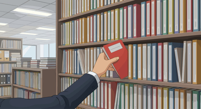 Professional hand selects a red book from a vast library shelf filled with colorful binders and documents, symbolizing knowledge and research