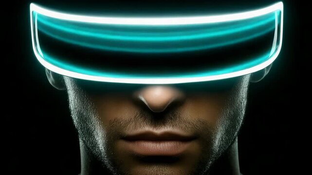 Man wearing futuristic virtual reality headset with glowing lights  