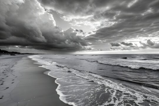 Dramatic black and white seascape with stormy clouds and waves - Powered by Adobe