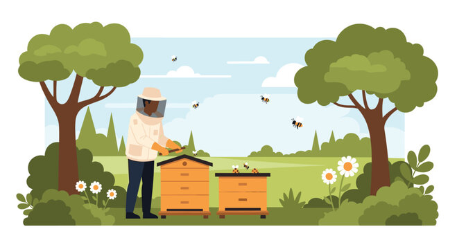 Dedicated beekeeper in protective suit tends to vibrant apiary amidst lush green landscape and buzzing bees