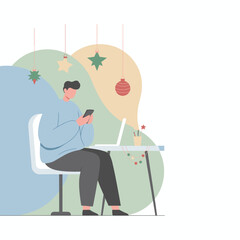 Man uses phone and laptop while working remotely during the festive holiday season Vector illustration