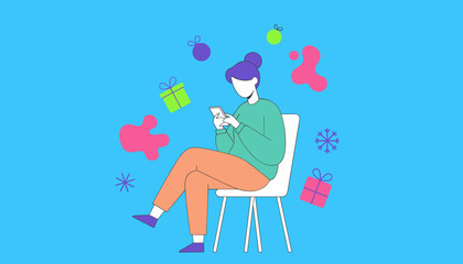 Woman uses phone for holiday shoppingmessaging surrounded by gifts Modern vector illustration