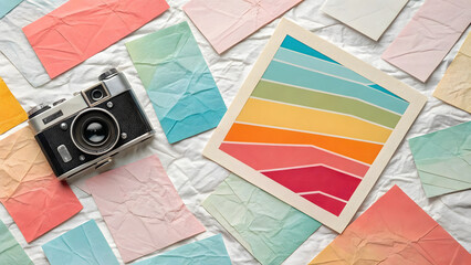Vintage Camera Surrounded by Crinkled Pastel Paper Squares and a Geometric Print Keywords: vintage camera, retro camera, film camera, photography