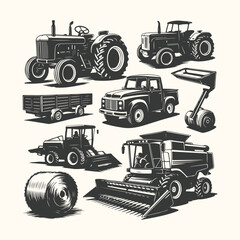 Collection of vintage and modern farm equipment, including tractors, a combine harvester, and a pickup truck, isolated on a