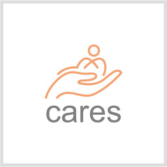 Abstract minimalist logo of a hand holding a person symbolizing care and support, with the word 'cares' below