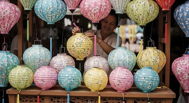 Vendor crafting vibrant floral lanterns in Hoi An, Vietnam, showcasing traditional artisanry and