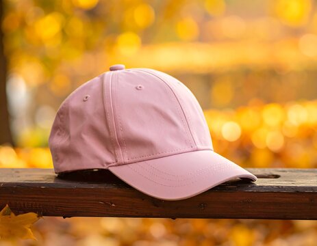 Pastel pink baseball cap sits on a wood bench with autumn leaves