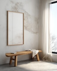 Fototapeta premium A wooden bench is in front of a white wall