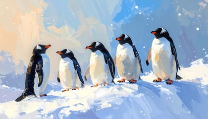 Obraz premium Five Penguins in a Painted Procession