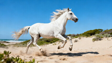 Obraz premium White horse galloping on a sandy beach under a bright blue sky