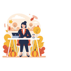 Professional businesswoman working remotely on her laptop in a cozy autumn park setting