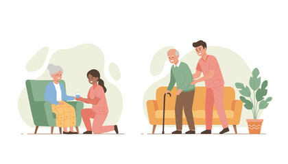 Home health care illustration Caregivers assist seniors with medication and walking support