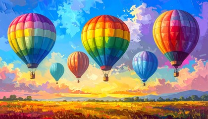 Fototapeta premium Colorful balloons float over golden fields at dawn