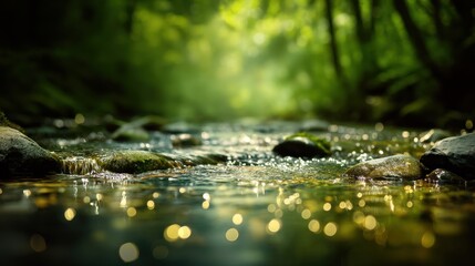 Fototapeta premium Tranquil Stream Flowing Through Lush Green Forest with Soft Bokeh Lights and Gentle Water Reflections at Sunrise