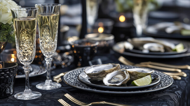 Black and white themed party with oysters on black plates and champagne in crystal flutes, chic and stylish mood