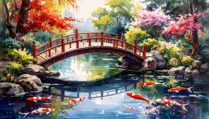 Colorful koi swim under the garden bridge