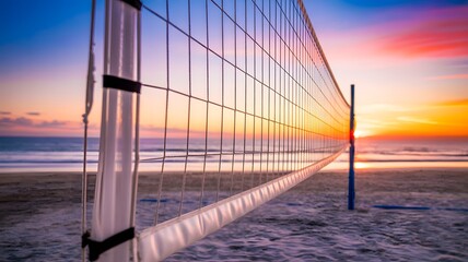 Beach volleyball net at sunset