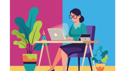 Focused woman working remotely on laptop in a colorful productive home office setting