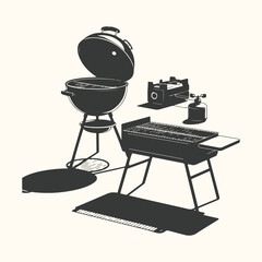Barbecue grill and portable gas stove with propane tank and accessories