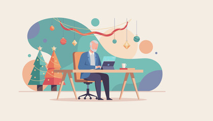 Senior man working on computer in office decorated for Christmas holidays