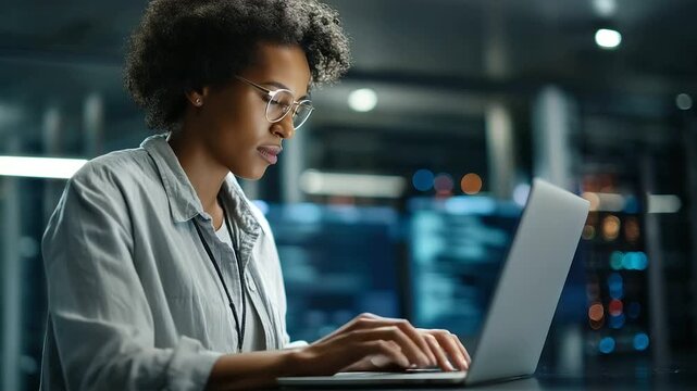 A Black woman engineer debugs AI code on a laptop in a server hub screens showing deep learning scripts server racks humming AI code debugging server hub tech deep learning