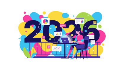 Planning 2026 goals Woman working with data charts and digital technology illustration