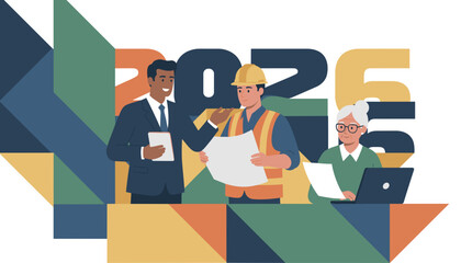 Business team collaborating on 2025 development plans construction and future growth goals