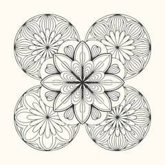 Intricate mandala pattern with floral elements and geometric symmetry, black and white line art
