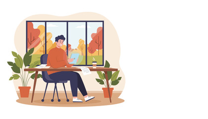 Smiling man working digitally from a cozy home office with a beautiful autumn view