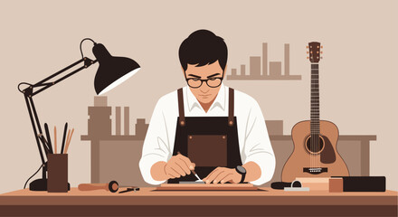 Dedicated craftsman meticulously working on guitar construction in a well-lit workshop, showcasing passion and skill