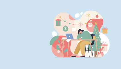 Holiday work stress Tired woman working remotely at desk with Christmas decorations
