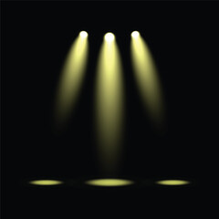 Vector Illustration of Spotlight Effects on a Dark Background. Three bright yellow spotlights shining down on a dark stage.