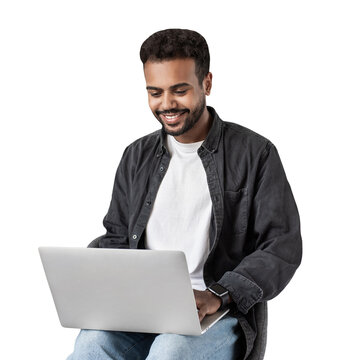 Portrait of handsome smiling young man with laptop computer isolated transparent PNG, Joyful cheerful casual businessman looking at laptop