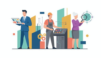 Team analyzing data managing industrial process and driving global technology development