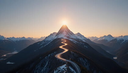 Winding road leading to a snow-capped mountain peak sunburst at the summit symbolizing adventure and overcoming challenges