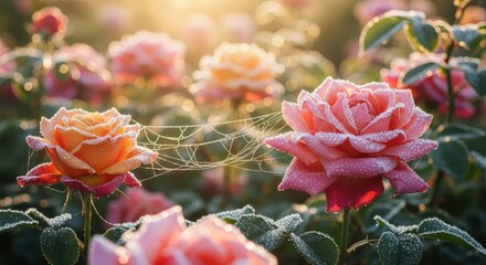 Magical morning garden scene with beautiful pink and yellow roses covered in frost and a delicate, dew-kissed spiderweb