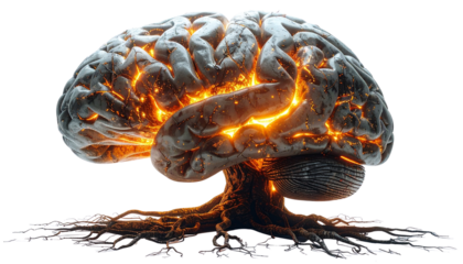 3d rendered illustration of a human brain grown on a tree trunk, isolated on transparent background, concept of intellectual growth