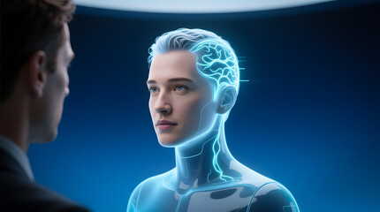 Obraz premium Future leadership, a businessman in virtual communication with a holographic AI system.